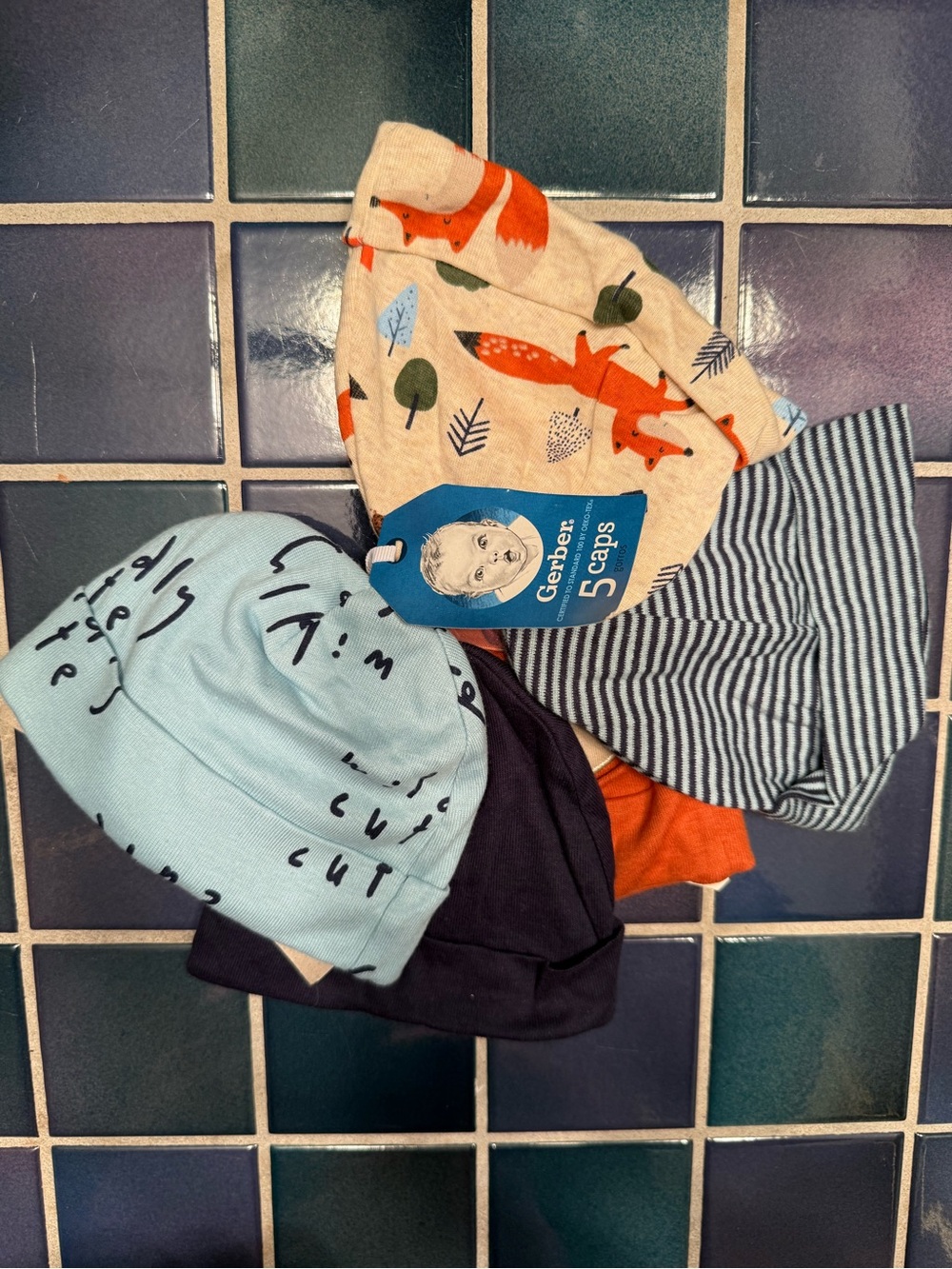 Gerber Baby Beanie Set - Cream Fox, Light Blue, Navy, Orange & Striped Blue